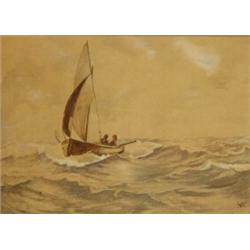 Gilt framed watercolour of a sailing boat in choppy seas, initialled EB 1912, 38x54cms…