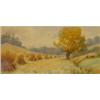 Gilt framed watercolour of corn stacks in a field beside tree and cattle, L H harris, 15x32cms…
