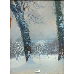 Gilt framed watercolour of a snowy orchard, K Vaglar 23, 55x39cms…