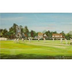 Contemporary framed well detailed watercolour of a village cricket match, Stephen Thomas, 53cm x …