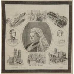 Large gilt framed linen commemorative handkerchief for Queen Victorian, born 1819, died 1901, 41c…