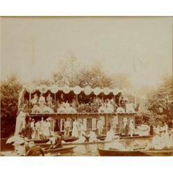 Black and white photograph of an Edwardian party on board a boat on the river, Sergeant Archer, K…