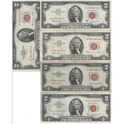 Lot of 10 Assorted United States Red Seal $2 Bills