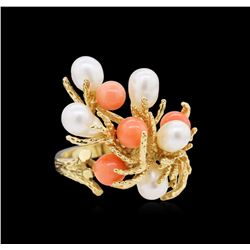 Pearl and Coral Ring - 14KT Yellow Gold