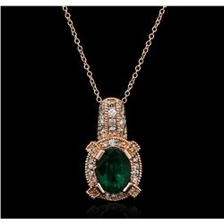 14KT Rose Gold 1.83ct Emerald and Diamond Pendant With Chain