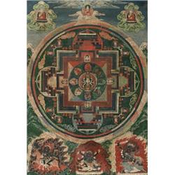 A 19th CENTURY TIBETAN MANDALA THANKA, 87x61 cm;, A 19th CENTURY TIBETAN MANDALA THANKA, 87x61...