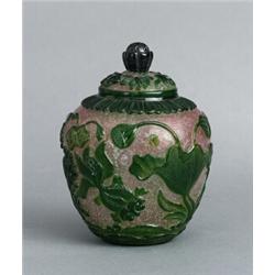 A QING PEKING GLASS JAR and COVER, green, A QING PEKING GLASS JAR and COVER, green overlay on a...