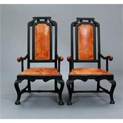 A pair of Swedish baroque ARMCHAIRS, ebonised, A pair of Swedish baroque ARMCHAIRS, ebonised wi...