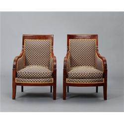 A pair of French 19th century mahogany BERGÈRES,, A pair of French 19th century mahogany BERGÈR...