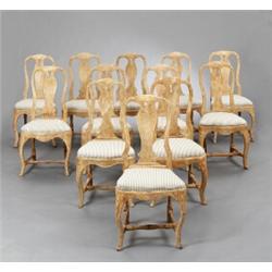 A set of 12 similar rococo cut and painted, A set of 12 similar rococo cut and painted CHAIRS;...