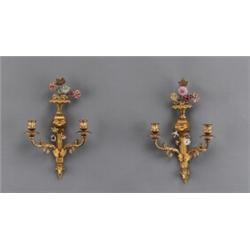A pair of Louis XVI gilt bronze two-light BRAS DE, A pair of Louis XVI gilt bronze two-light BR...