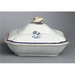 A UNDERGLAZEBLUE AND GOLD TUREEN with COVER,, A UNDERGLAZEBLUE AND GOLD TUREEN with COVER, porc...