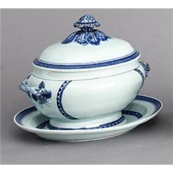 A JIAQING UNDERGLAZEBLUE TUREEN and COVER and, A JIAQING UNDERGLAZEBLUE TUREEN and COVER and ST...