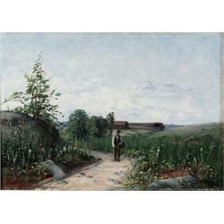FANNY SUNDBERG 1861-1926 Sommarlandskap med man, FANNY SUNDBERG 1861-1926 Sommarlandskap med ma...