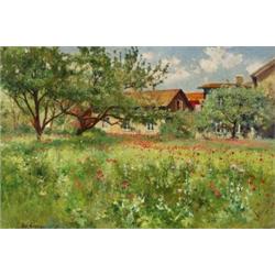 JOHAN ERICSON 1849-1925 Hus vid äng med, JOHAN ERICSON 1849-1925 Hus vid äng med blommande vall...