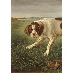 JOHAN VON HOLST 1841-1917 Hund och beckasin i, JOHAN VON HOLST 1841-1917 Hund och beckasin i la...