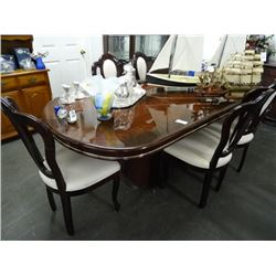 Burl Lacquer Dining Table w/6 Chairs, Server, Hutch Set