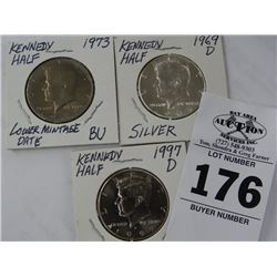 3 Kennedy Half Dollars 1969, 1973, 1997 - 3 Times the Money