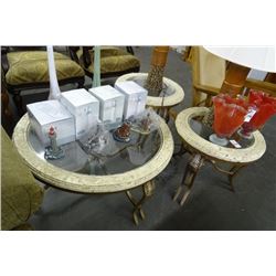 Leaf Trim Round Stone/Glass Coffee/End Table Set