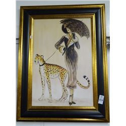 "Woman With Leopard" Framed Painting On Board