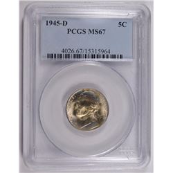 1945-D JEFFERSON NICKEL, PCGS MS-67 TOUGH!