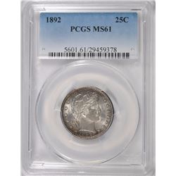 1892 BARBER QUARTER, PCGS MS-61 UNDERGRADED!