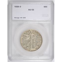 1938-D WALKING LIBERTY HALF DOLLAR, SEGS AU