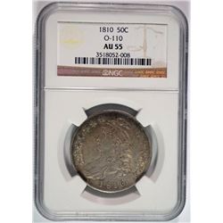 1810 BUST HALF DOLLAR, NGC AU-55 NICE COLOR