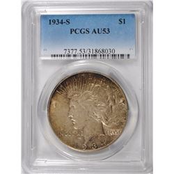 1934-S PEACE SILVER DOLLAR, PCGS AU-53  KEY DATE