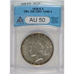 1928-S PEACE DOLLAR ANACS AU50 RARE! DOUBLE DIE OBV. VAM-4