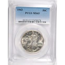 1943 WALKING LIBERTY HALF DOLLAR PCGS MS65 GEM BLAST WHITE