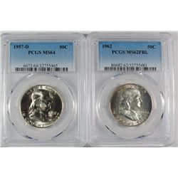 1962 FRANKLIN HALF DOLLAR, PCGS MS-62 FBL & 1957-D  PCGS MS-64