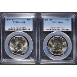 ( 2 ) 1964-D KENNEDY HALF DOLLARS, PCGS MS-64