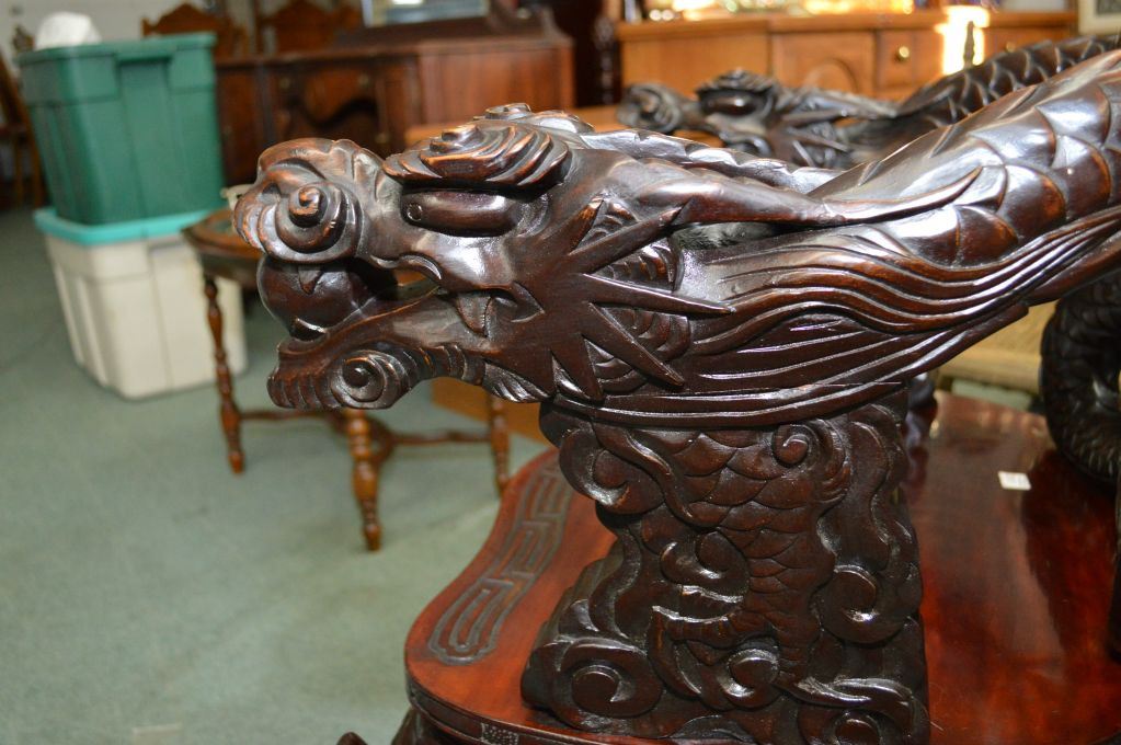 Oriental heavily carved dragon motif rosewood chair