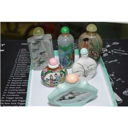 Six vintage collectible snuff bottles including three reverse painted, glazed porcelain etc.