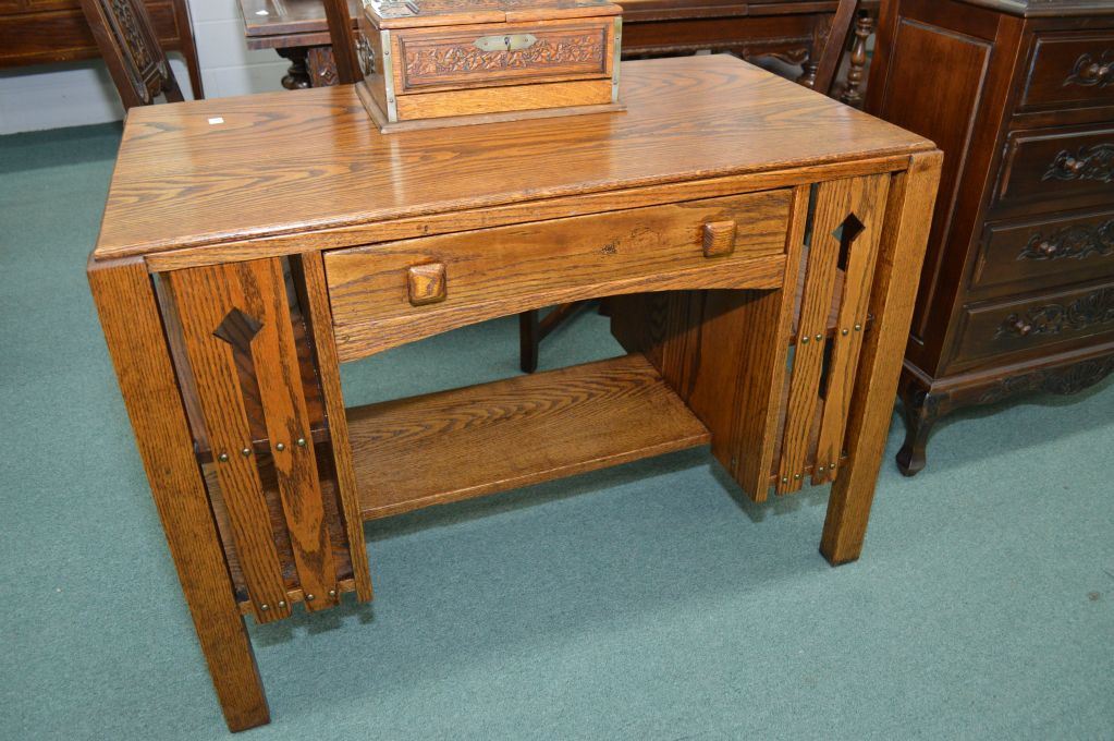 Antique Mission style oak partners desk with under shelf and side book
