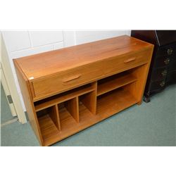 Vintage teak console table that converts to corner desk with two drawers and under shelves