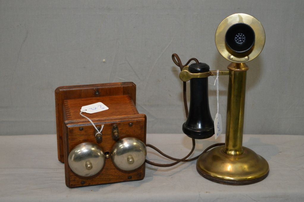 Antique brass Northern Electric candlestick telephone with oak cased