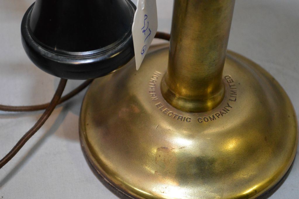 Antique brass Northern Electric candlestick telephone with oak cased