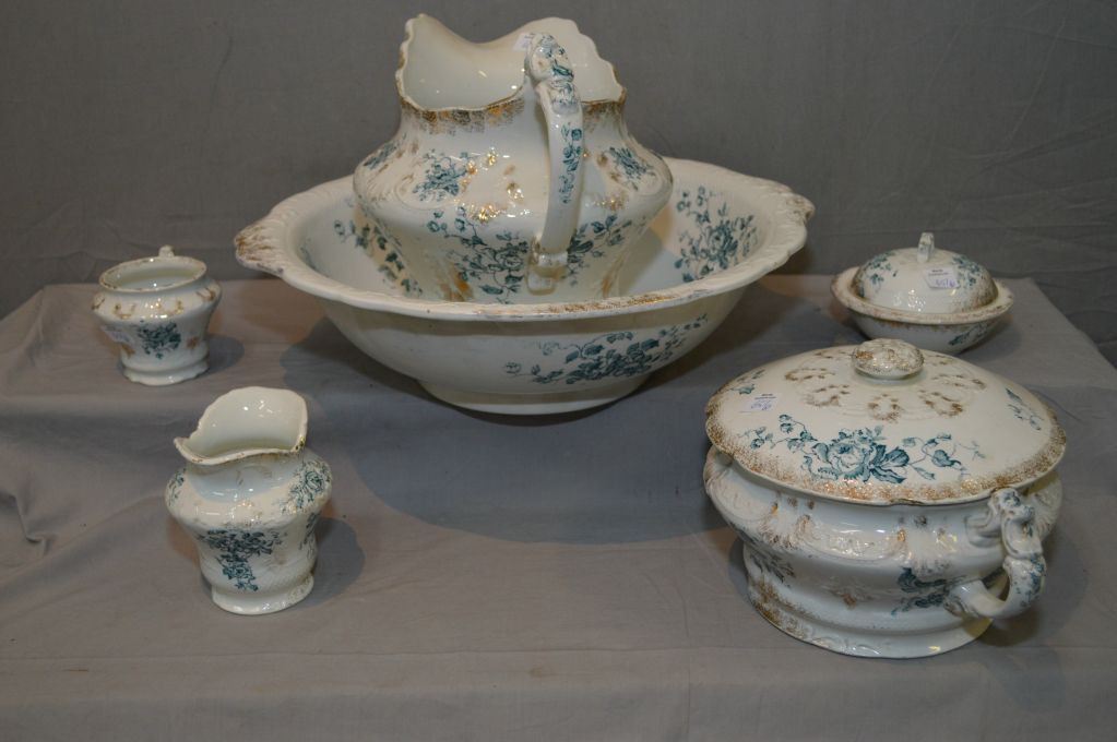 Six piece antique stoneware wash basin set including bowl, jug, lidded