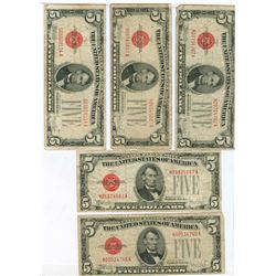 1928E $5 Red Seal Note Lot of 5