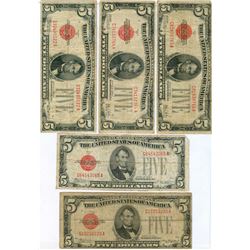 1928 $5 Red Seal Note Lot of 5