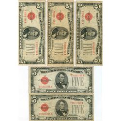1928C $5 Red Seal Note Lot of 5