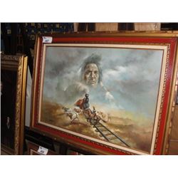 FRAMED OIL PAINTING - COWBOY CHASING COWS ACROSS TRAIN