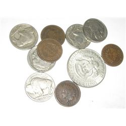 10 TOTAL U.S. COINS INCLUDING SILVER KENNEDY HALF DOLLAR/INDIAN HEAD PENNIES & BUFFALO NICKELS