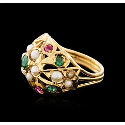 14KT Yellow Gold 0.50ctw Emerald, Ruby and Pearl Ring