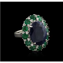 14KT White Gold 12.52ct Sapphire, Emerald and Diamond Ring