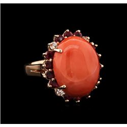 14KT Rose Gold 13.08ct Pink Coral, Ruby and Diamond Ring