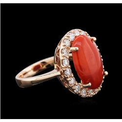 4.80ct Red Coral and Diamond Ring - 14KT Rose Gold