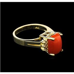 3.51ct Red Coral and Diamond Ring - 14KT Yellow Gold